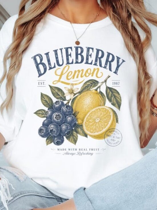 Tops - Blueberry Lemon Shirt Retro Fruit Graphic Tee Cute Aesthetic Summer Shirt